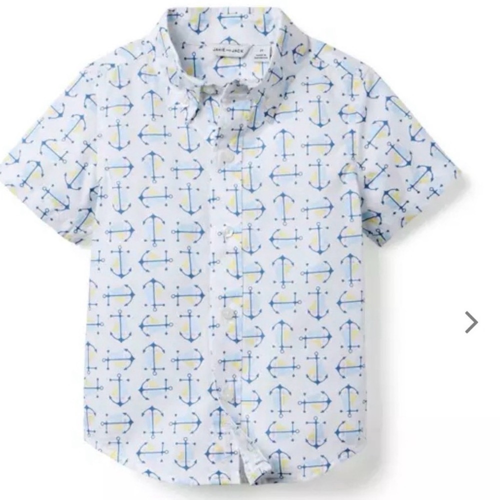 Janie and Jack White Short-Sleeve Button-Down with Blue Anchor Print